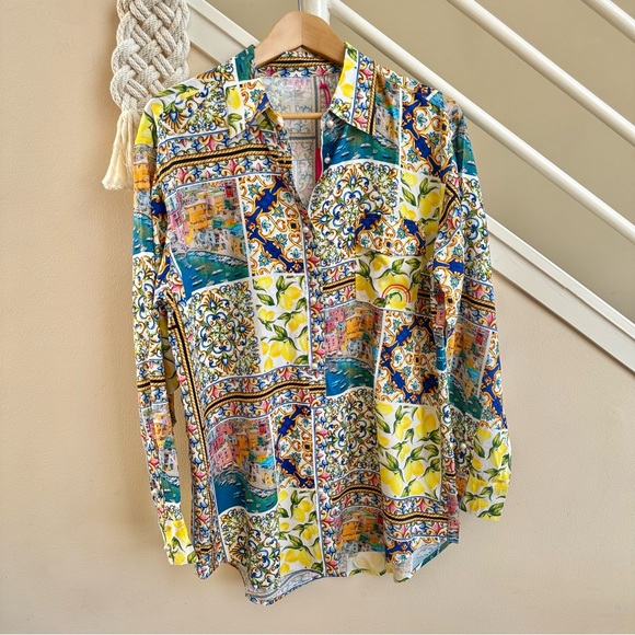 NWT Terez Amalfi Coast Patchwork Print Long Sleeve Blouse Yellow Blue Multi MED - Picture 5 of 16